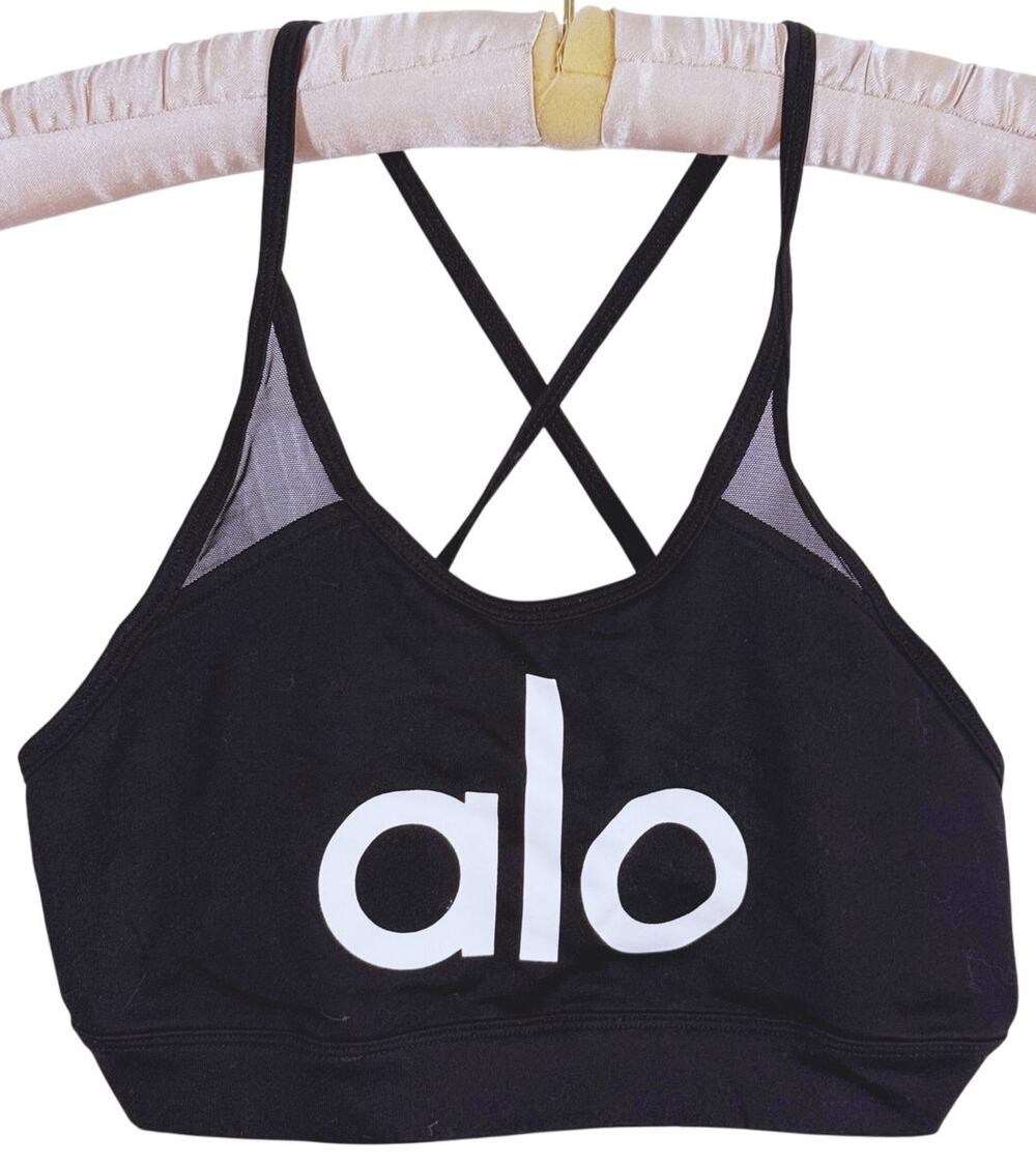 Alo Yoga Starlet Graphic Logo Mesh Sports Bra Womens XS Black Yoga Pilates Gym